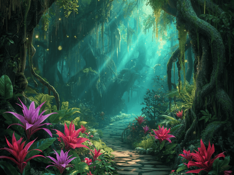 Chemin forestier mystique baigné de lumière turquoise, entouré de fleurs tropicales et d’arbres anciens — illustration du Chant des Nymphes, musique de méditation et de guérison.