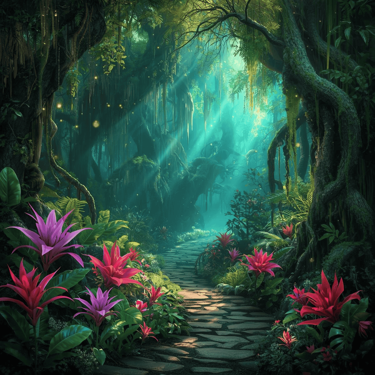Chemin forestier mystique baigné de lumière turquoise, entouré de fleurs tropicales et d’arbres anciens — illustration du Chant des Nymphes, musique de méditation et de guérison.
