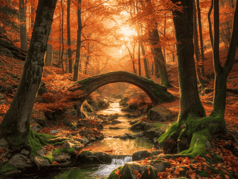 Forêt d’automne baignée de lumière dorée avec un ruisseau vert transparent et un vieux pont moussu, symbolisant la paix intérieure et la guérison de l’âme.
