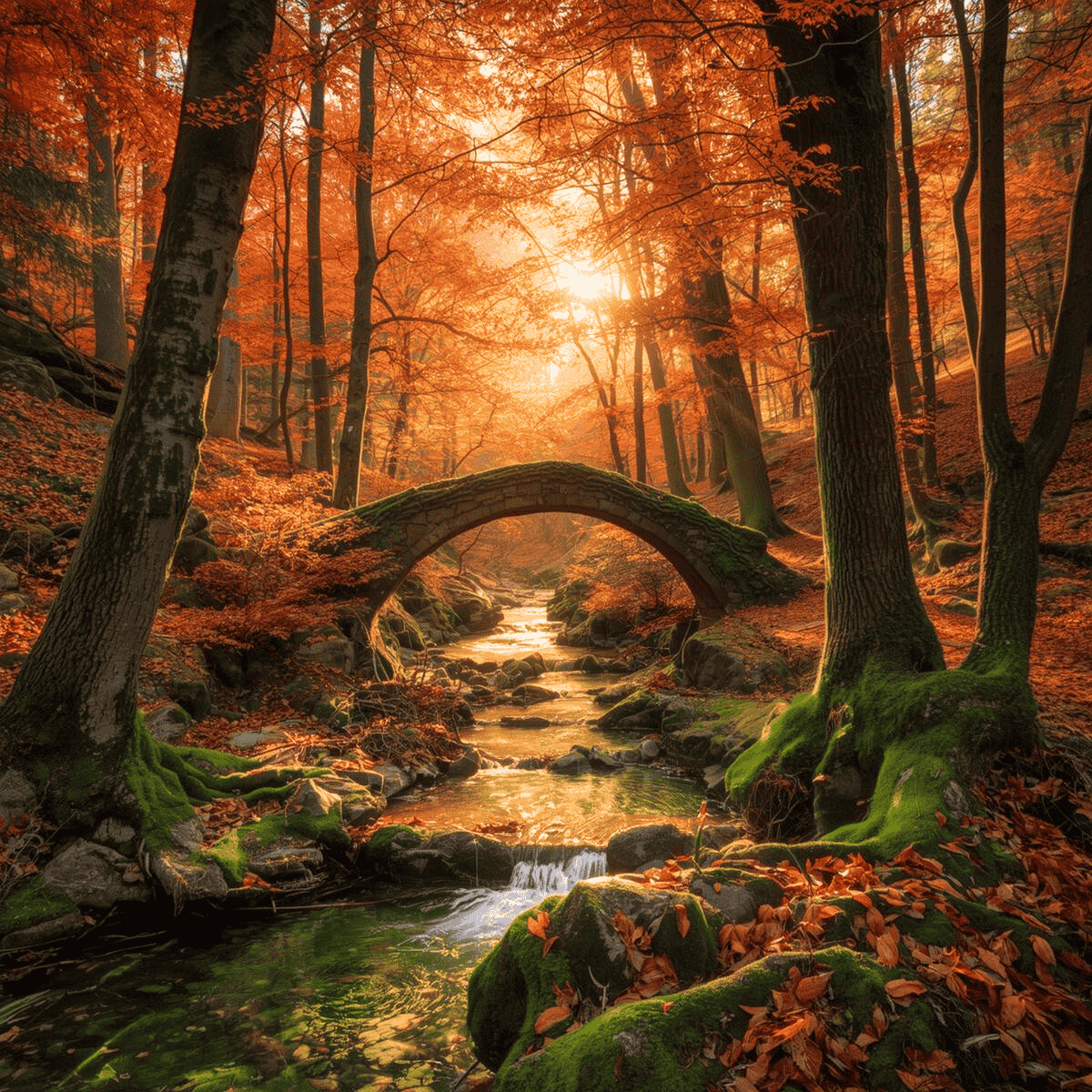 Forêt d’automne baignée de lumière dorée avec un ruisseau vert transparent et un vieux pont moussu, symbolisant la paix intérieure et la guérison de l’âme.