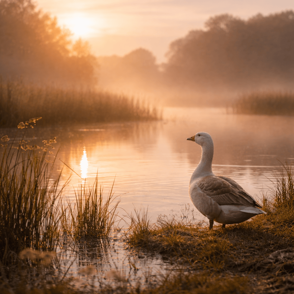 Un canard immobile au bord d’une zone humide, baigné par une lumière douce du matin, symbole de calme, de respect du vivant et de conscience.