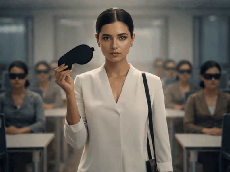 Femme consciente au centre d’un bureau retirant son masque tandis que les autres restent aveuglés, symbole de l’éveil de la conscience et de la sortie du conditionnement.