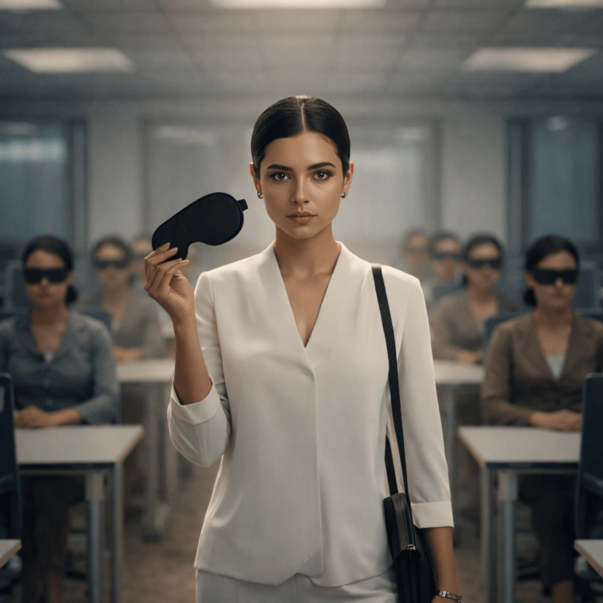 Femme consciente au centre d’un bureau retirant son masque tandis que les autres restent aveuglés, symbole de l’éveil de la conscience et de la sortie du conditionnement.