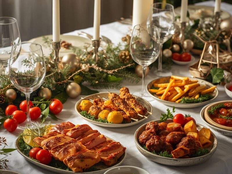 Table de noël avec seitan rôti, brochettes végétales, boulettes de légumineuses, tempeh en sauce et légumes frais.