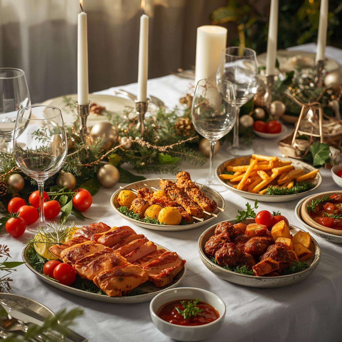 Table de noël avec seitan rôti, brochettes végétales, boulettes de légumineuses, tempeh en sauce et légumes frais.