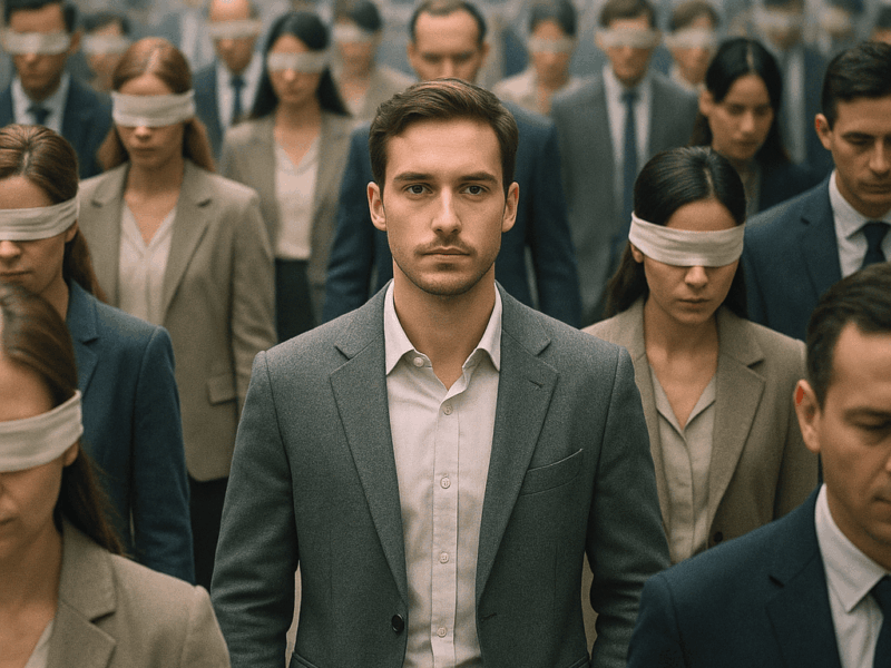 Homme conscient au milieu d’un collectif conditionné, illustration des niveaux de conscience et du taux vibratoire