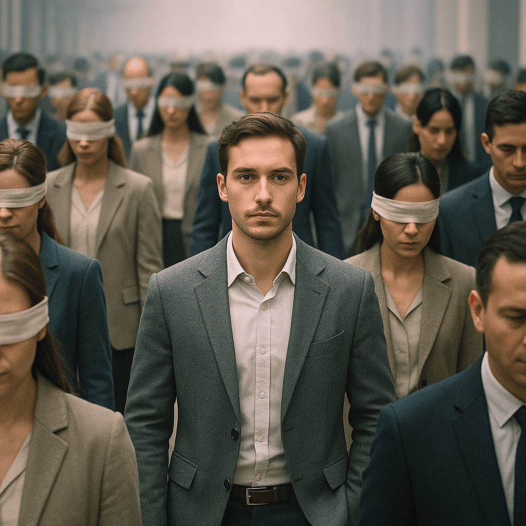 Homme conscient au milieu d’un collectif conditionné, illustration des niveaux de conscience et du taux vibratoire