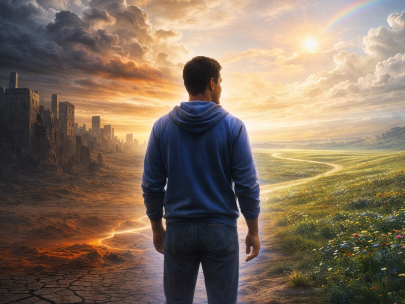 Homme de dos observant un paysage divisé entre monde désertique en ruines et prairie lumineuse avec arc-en-ciel, symbolisant l’âme Indigo entre ancienne matrice et nouvelle conscience collective.