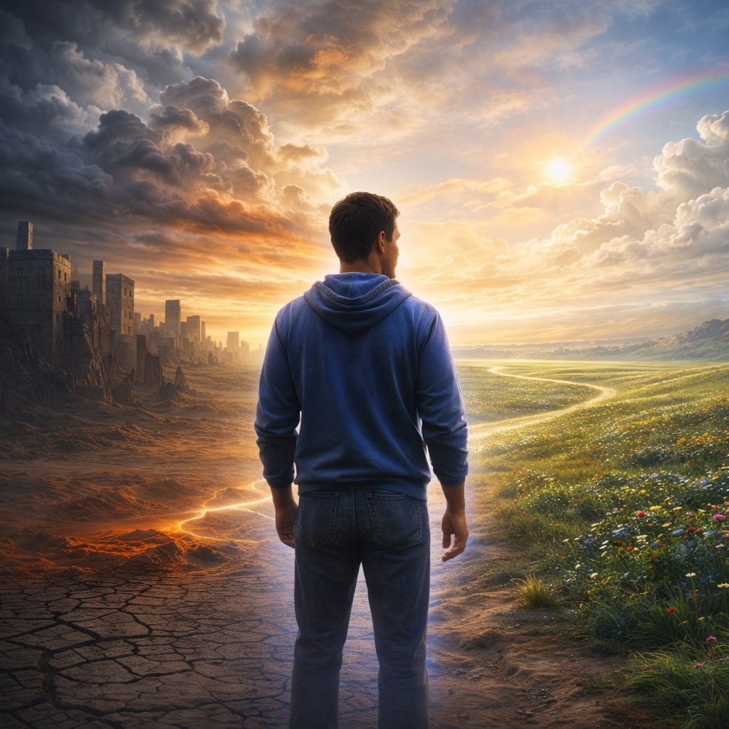 Homme de dos observant un paysage divisé entre monde désertique en ruines et prairie lumineuse avec arc-en-ciel, symbolisant l’âme Indigo entre ancienne matrice et nouvelle conscience collective.