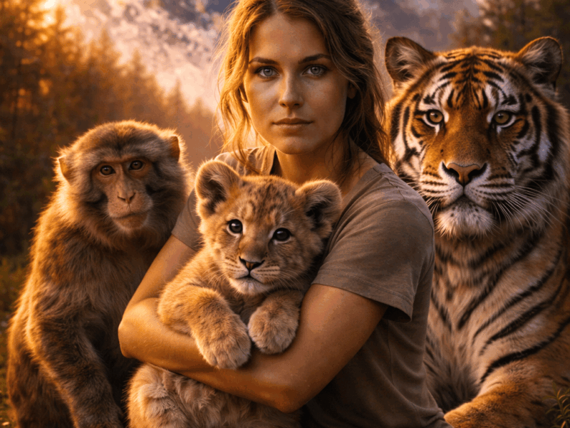 Jeune femme tenant un lionceau dans ses bras, entourée d’un singe et d’un tigre, symbolisant l’unité, la sensibilité et le respect du Vivant