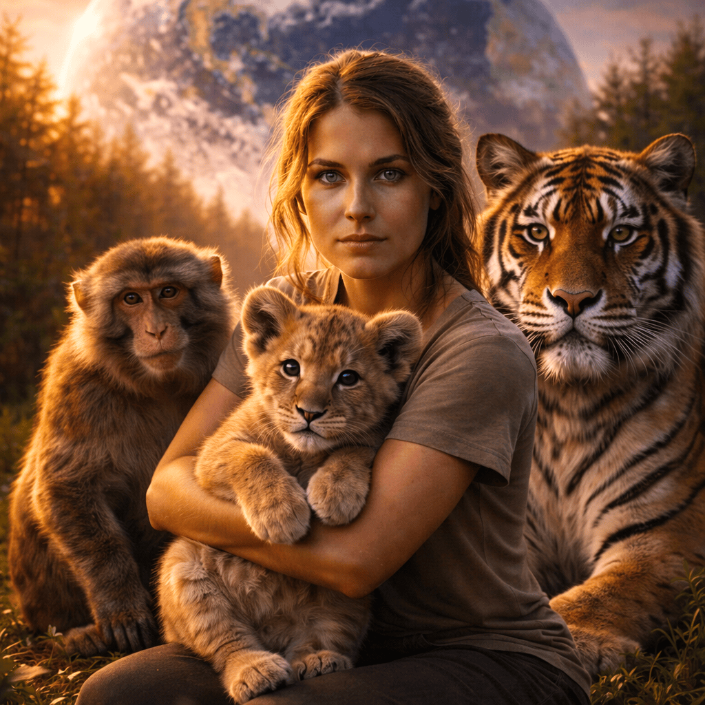 Jeune femme tenant un lionceau dans ses bras, entourée d’un singe et d’un tigre, symbolisant l’unité, la sensibilité et le respect du Vivant