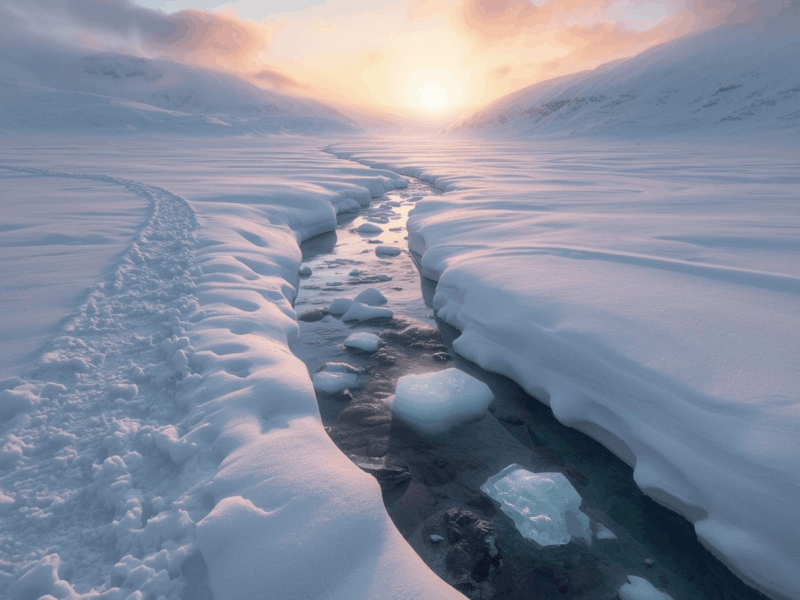 Paysage de nature en hiver, silencieux et immaculé, symbole de ralentissement, de paix intérieure et de transformation de la conscience