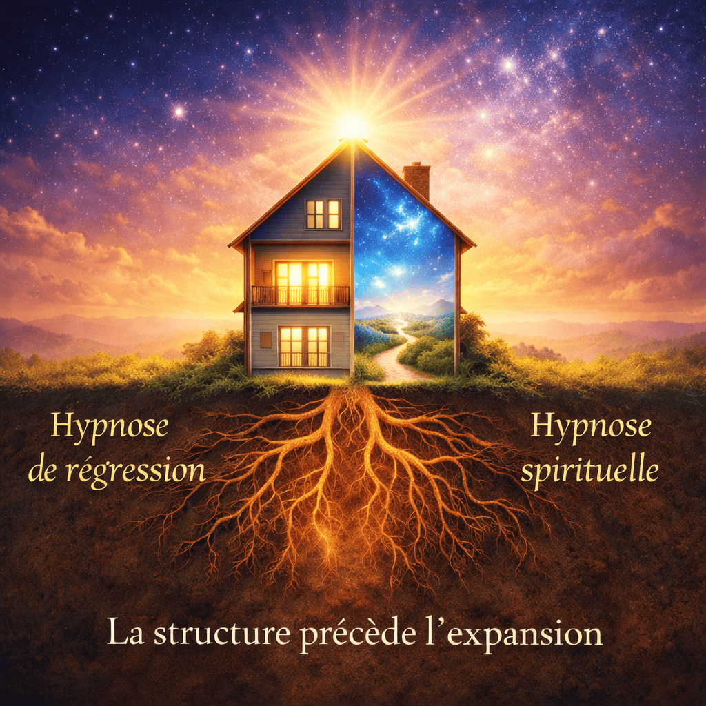 Illustration symbolique de la différence entre hypnose spirituelle vs hypnose de régression, représentant les fondations et l’élévation de la conscience.