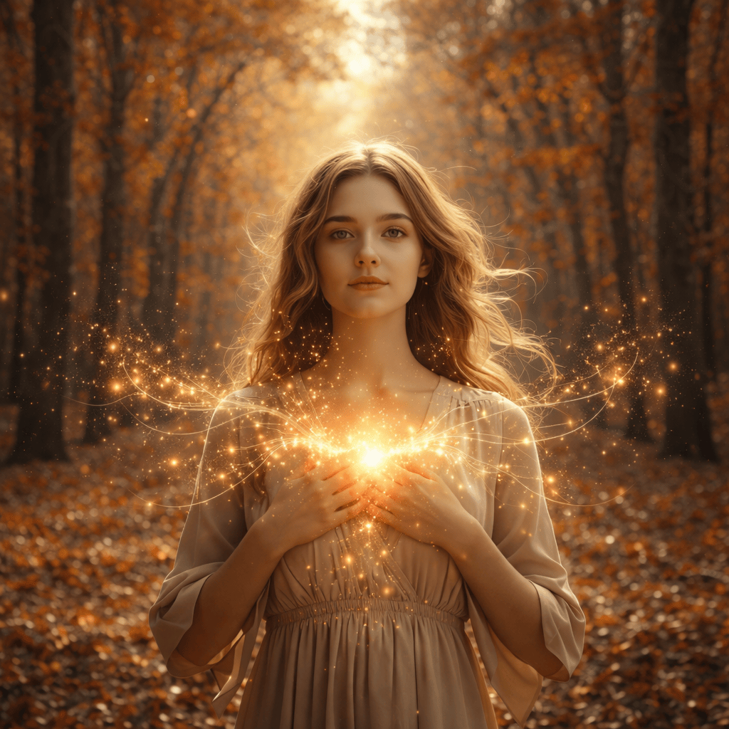 Jeune femme au regard paisible debout dans une forêt d’automne lumineuse, mains posées sur le cœur d’où émane une lumière dorée symbolisant la libération des croyances limitantes grâce à l’EFT.