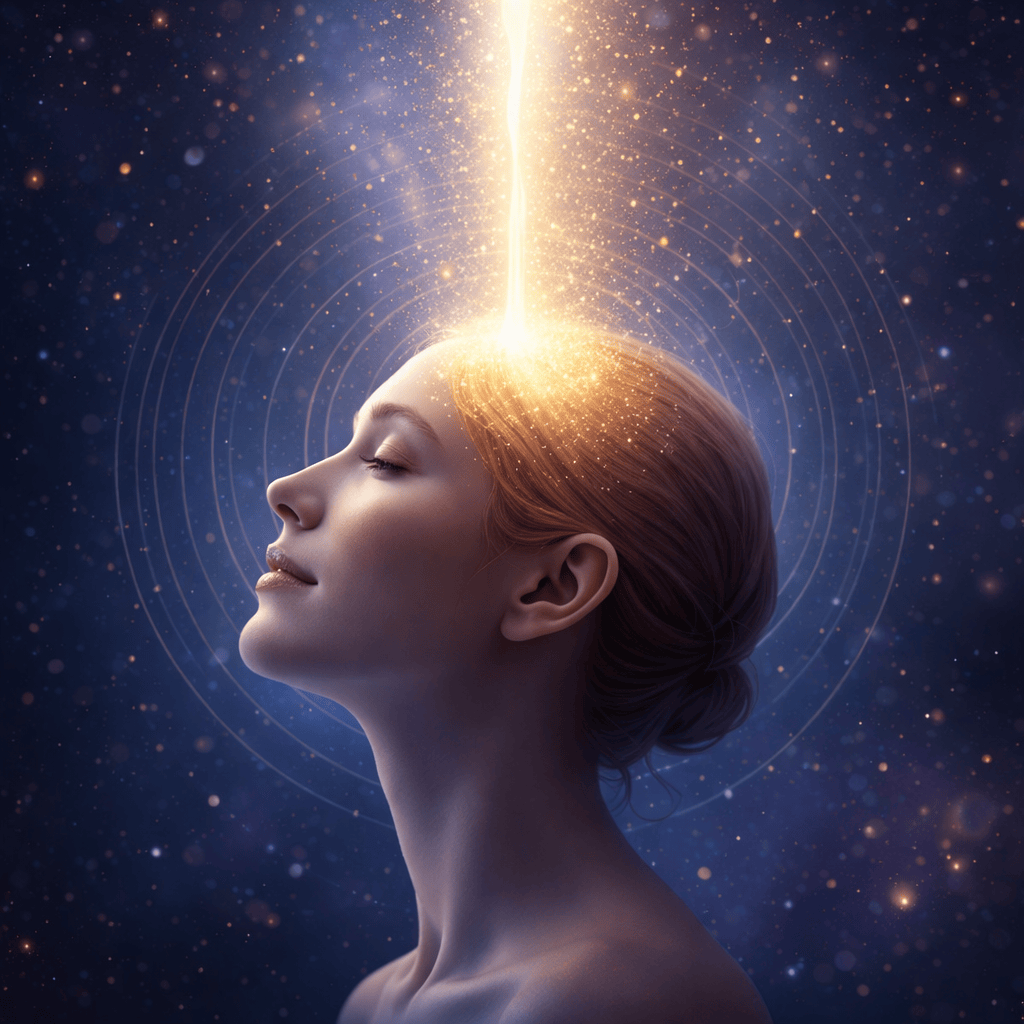 Silhouette féminine lumineuse en profil avec ouverture énergétique dorée au sommet du crâne sur fond cosmique indigo symbolisant l’élévation du taux vibratoire et de la conscience.