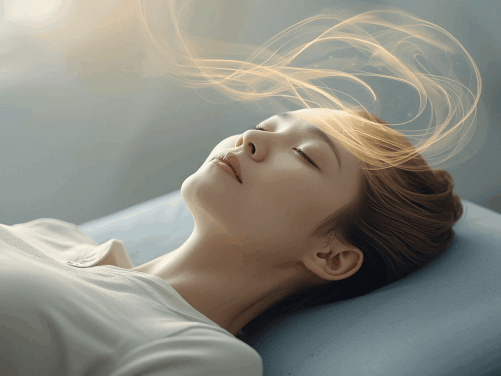 Personne en état d’hypnose illustrant une formation en hypnose Ericksonienne en ligne avec ondes cérébrales lumineuses