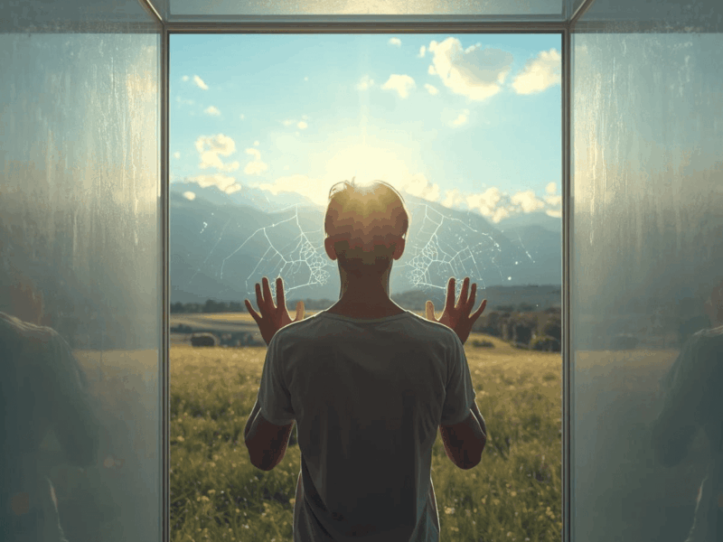 personne enfermée dans une boîte en verre symbolisant les traditions, les croyances limitantes et le conditionnement