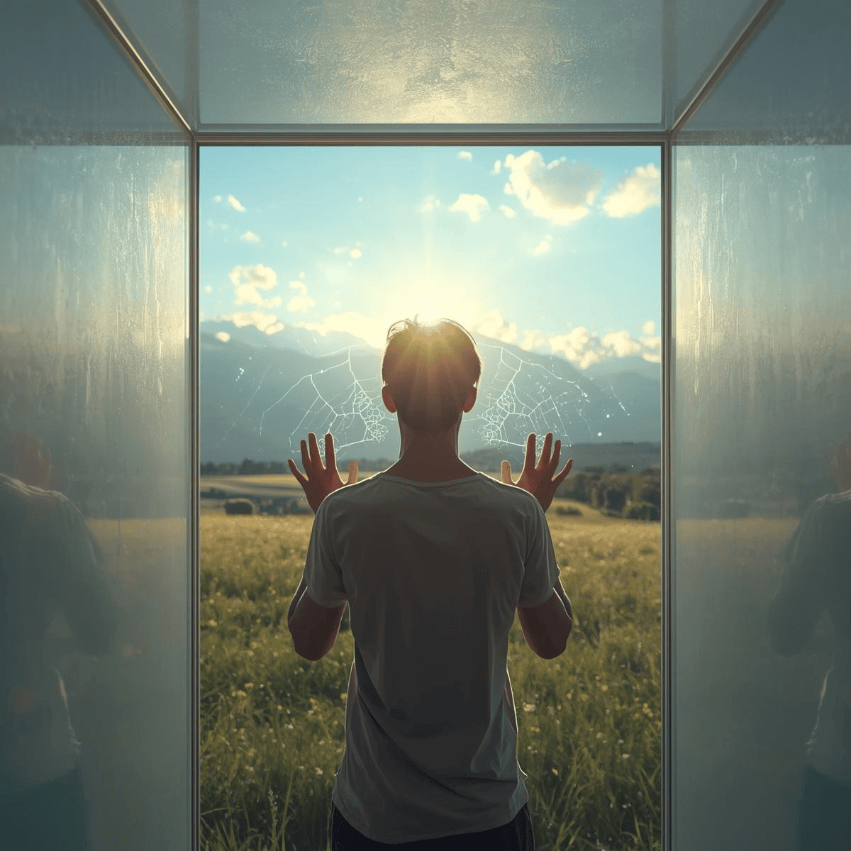 personne enfermée dans une boîte en verre symbolisant les traditions, les croyances limitantes et le conditionnement