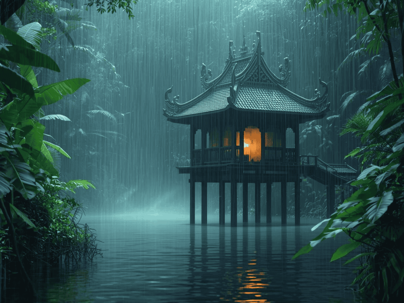 musique relaxante piano pluie temple sur pilotis rivière forêt tropicale zen