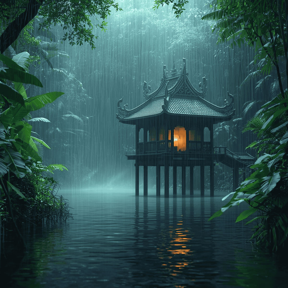 musique relaxante piano pluie temple sur pilotis rivière forêt tropicale zen