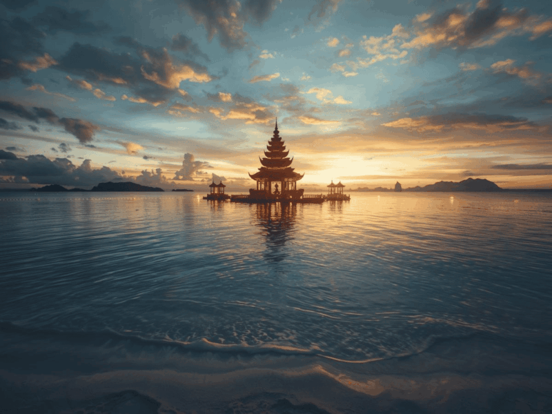 Temple asiatique illuminé sur un océan tropical au coucher du soleil avec eau calme et ambiance méditative relaxante.