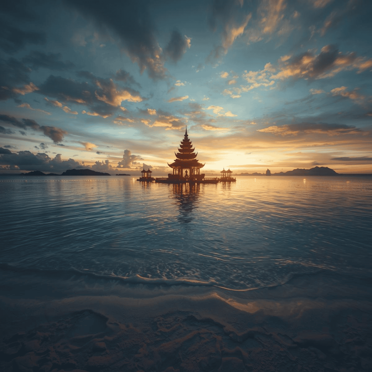 Temple asiatique illuminé sur un océan tropical au coucher du soleil avec eau calme et ambiance méditative relaxante.
