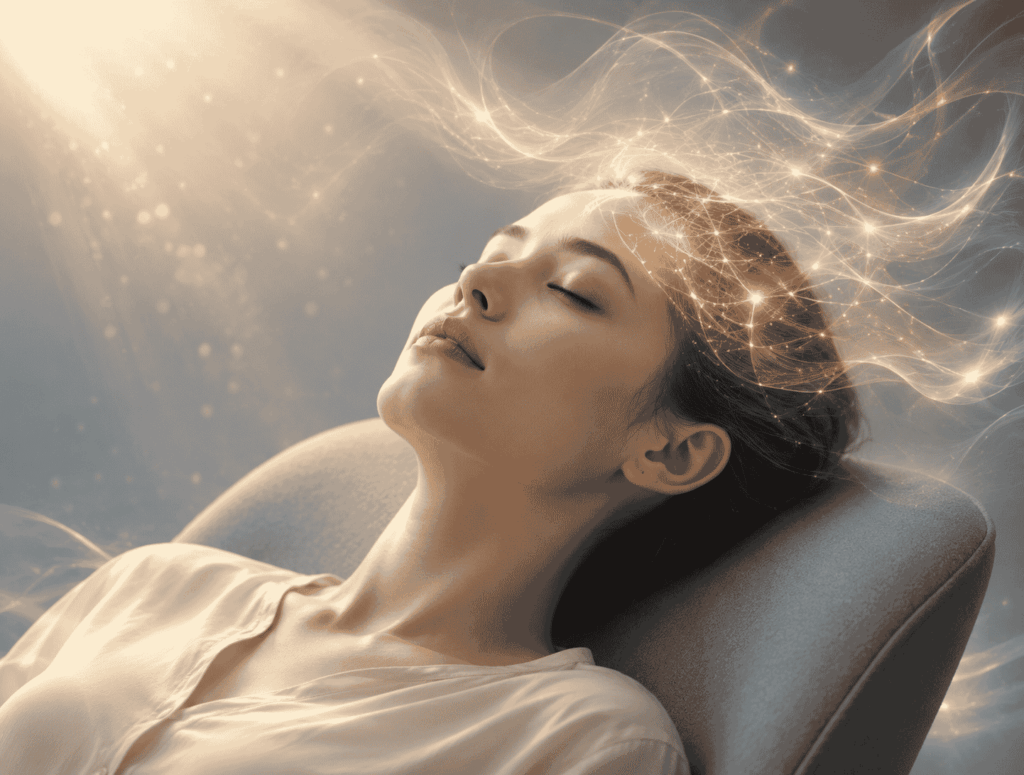 Jeune femme en état de relaxation profonde lors d'une séance d'hypnose Ericksonienne illustrant la formation certifiante en ligne Well-Planify.