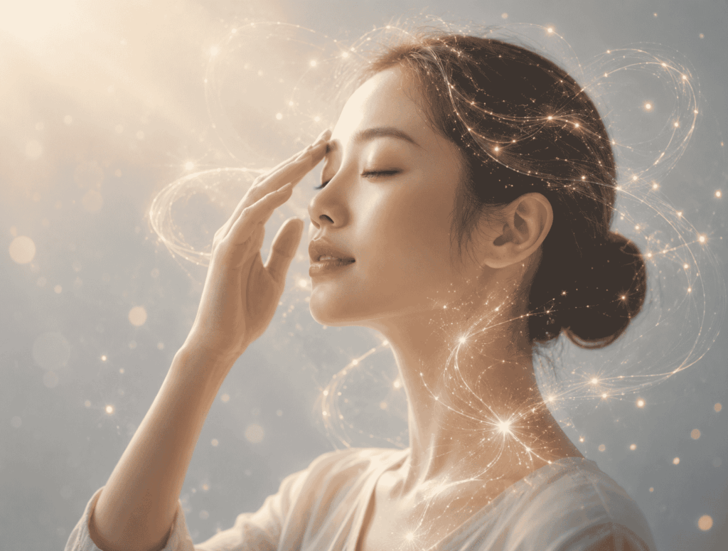 Jeune femme pratiquant l'EFT dans un état de profonde sérénité, illustrant la formation Praticien EFT certifiante en ligne proposée par Well-Planify.