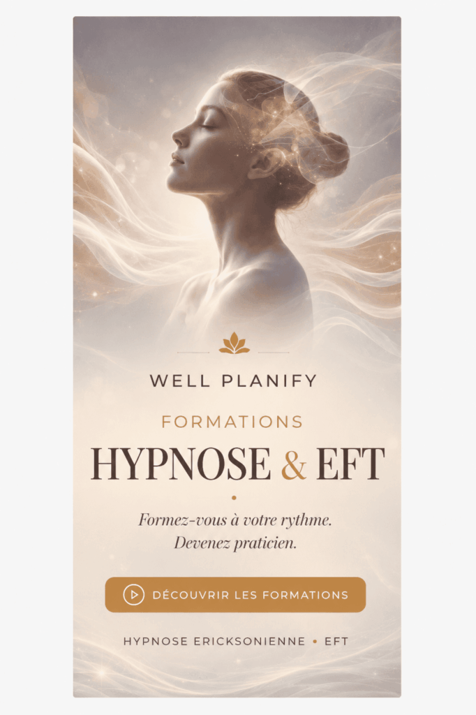 Bannière présentant les formations certifiantes en ligne en Hypnose Ericksonienne et EFT proposées par Well-Planify, accessibles à distance et à votre rythme.
