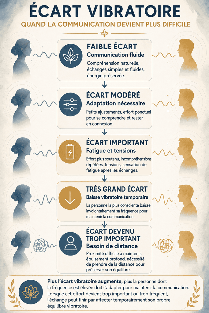 Schéma montrant comment un écart vibratoire croissant peut rendre la communication plus difficile et entraîner fatigue, baisse vibratoire et besoin de distance.