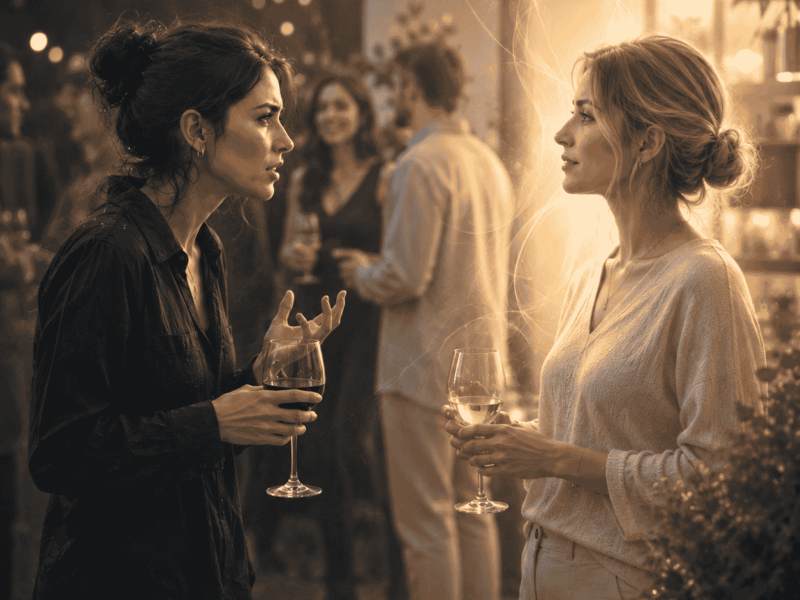 Deux femmes discutent lors d’une soirée, l’une tendue et l’autre calme, illustrant les différences de taux vibratoire dans la communication