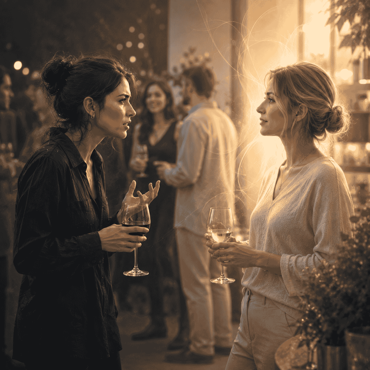 Deux femmes discutent lors d’une soirée, l’une tendue et l’autre calme, illustrant les différences de taux vibratoire dans la communication