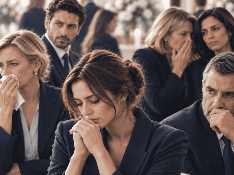 Personnes réunies lors de funérailles exprimant différentes réactions face au deuil, de la tristesse au silence et à la distance.