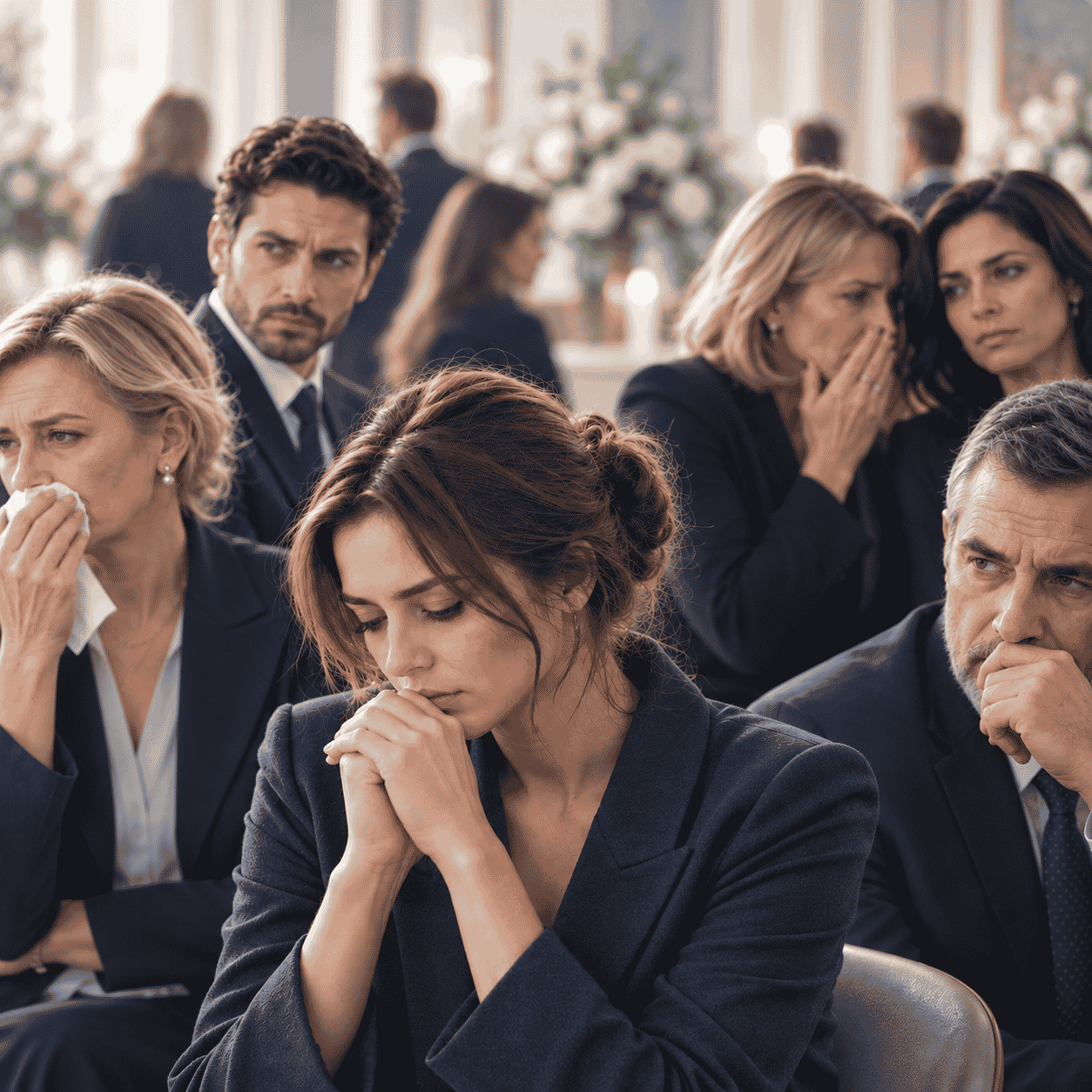 Personnes réunies lors de funérailles exprimant différentes réactions face au deuil, de la tristesse au silence et à la distance.