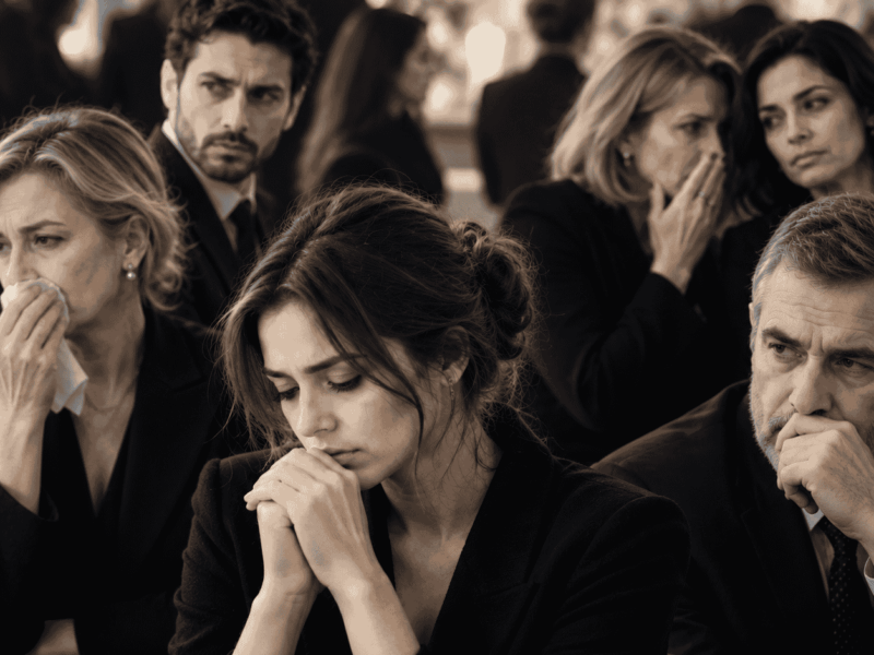 Personnes réunies lors d’un deuil, entre tristesse, regards croisés et conversations discrètes