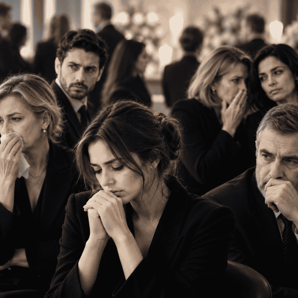 Personnes réunies lors d’un deuil, entre tristesse, regards croisés et conversations discrètes