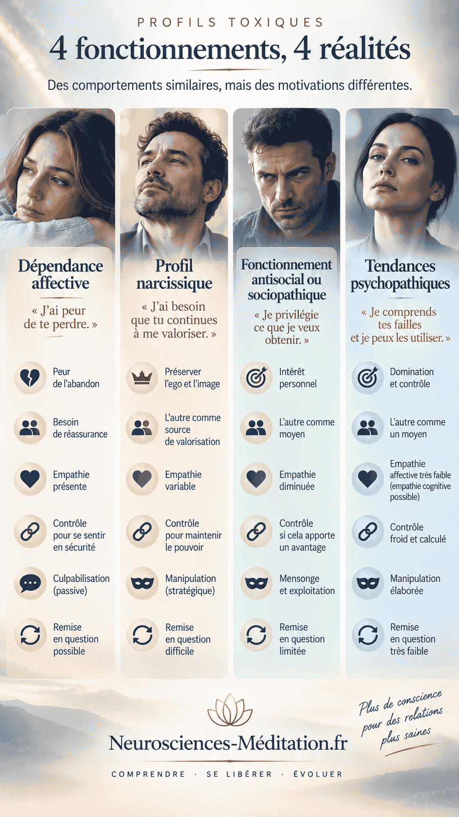 Infographie comparant la dépendance affective, le profil narcissique manipulateur, le fonctionnement sociopathique et les tendances psychopathiques.