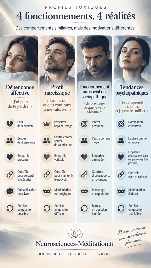 Infographie comparant la dépendance affective, le profil narcissique manipulateur, le fonctionnement sociopathique et les tendances psychopathiques.