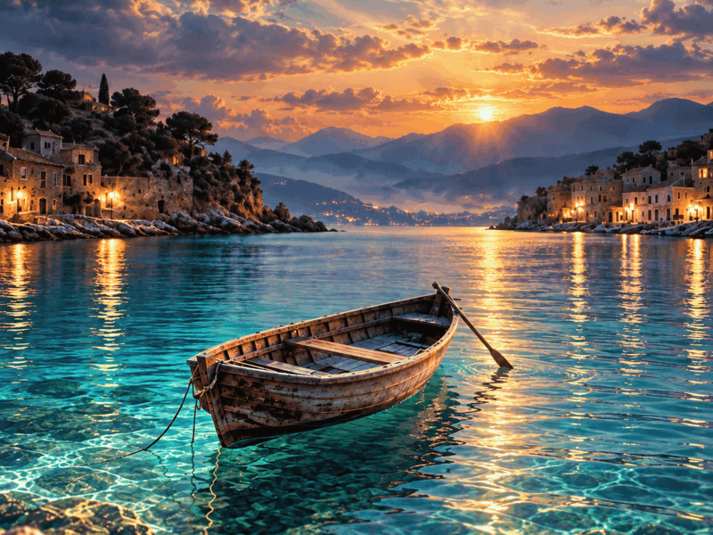 Barque en bois sur une eau turquoise paisible au coucher du soleil, illustrant L’Eau calme, musique de méditation en 528 Hz.