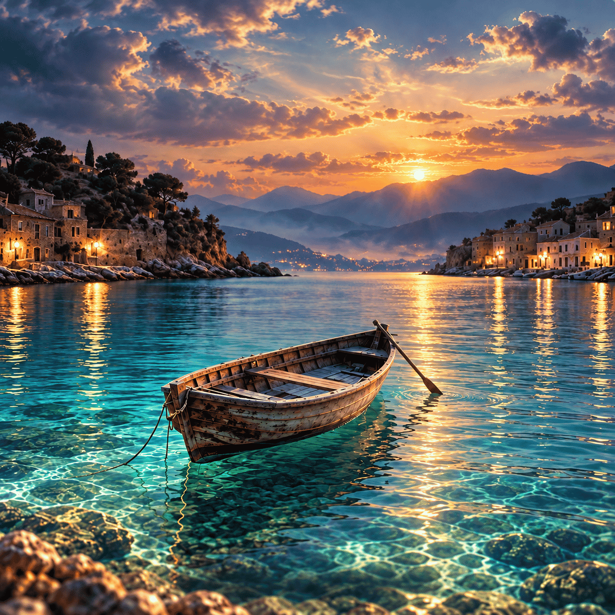 Barque en bois sur une eau turquoise paisible au coucher du soleil, illustrant L’Eau calme, musique de méditation en 528 Hz.