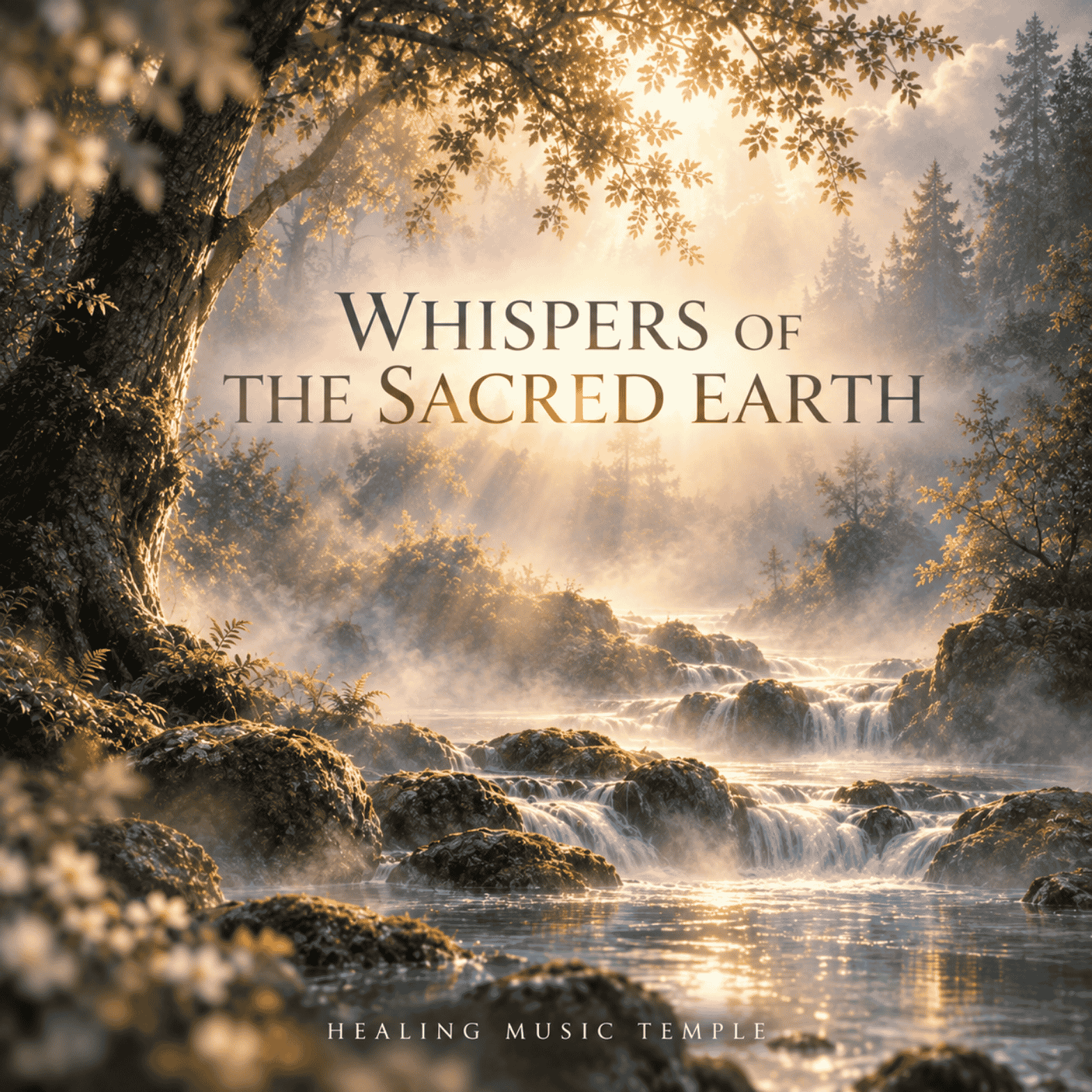 Pochette de l'album Whispers of the Sacred Earth de Healing Music Temple, représentant une forêt mystique baignée de lumière dorée, traversée par une rivière et des cascades.